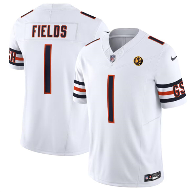 Men's Chicago Bears #1 Justin Fields White 2023 F.U.S.E. With John Madden Patch Vapor Limited Football Stitched Jersey